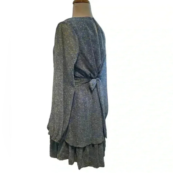 Light Blue with Yellow Floral Japna Long Sleeve Smocked Waist Mini Dress Size L - Picture 5 of 13